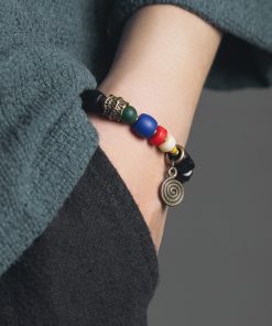 Handmade Ethnic Style Textured Ebony Wood Bracelet for Men & Tibetan-Style Glass Bracelet for Women - Unique Personalized Accessory