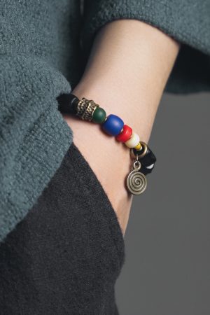 Handmade Ethnic Style Textured Ebony Wood Bracelet for Men & Tibetan-Style Glass Bracelet for Women - Unique Personalized Accessory