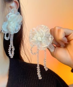 Handmade Floral Beaded Long Tassel Earrings for Women - Elegant Fabric Ear Drops for Fashionable Style