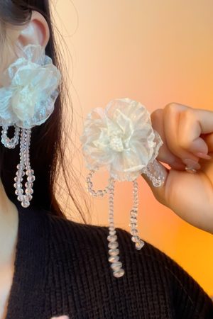 Handmade Floral Beaded Long Tassel Earrings for Women - Elegant Fabric Ear Drops for Fashionable Style