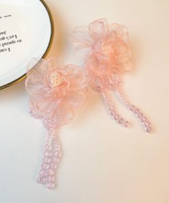 Handmade Floral Beaded Long Tassel Earrings for Women - Elegant Fabric Ear Drops for Fashionable Style