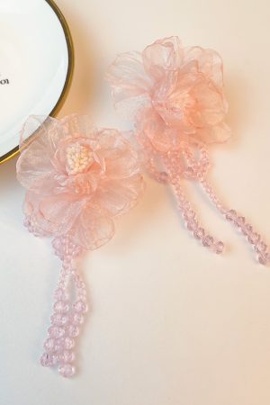Handmade Floral Beaded Long Tassel Earrings for Women - Elegant Fabric Ear Drops for Fashionable Style