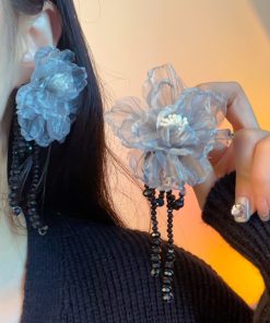 Handmade Floral Beaded Long Tassel Earrings for Women - Elegant Fabric Ear Drops for Fashionable Style