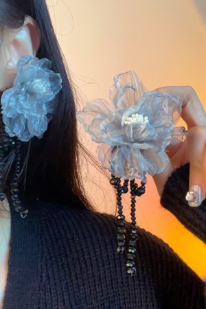 Handmade Floral Beaded Long Tassel Earrings for Women - Elegant Fabric Ear Drops for Fashionable Style