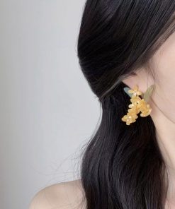 Handmade Golden Osmanthus Stud Earrings for Women - Elegant, Artistic Design, Light Luxury, Brightens Skin Tone, Long High-End Earrings