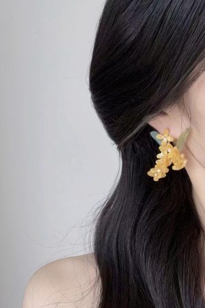 Handmade Golden Osmanthus Stud Earrings for Women - Elegant, Artistic Design, Light Luxury, Brightens Skin Tone, Long High-End Earrings