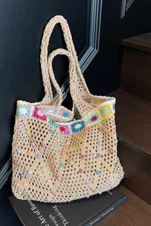 Handmade Knitted Beach Bag for Women - Woven Shoulder Bag for Summer 2025 Vacation - Stylish Hollow Design