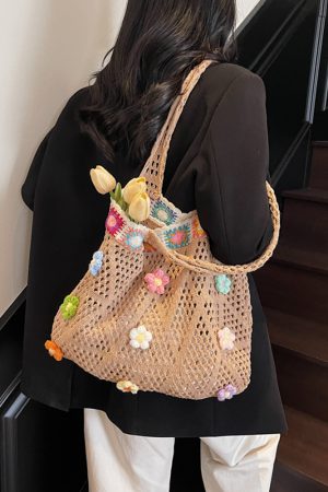 Handmade Knitted Beach Bag for Women - Woven Shoulder Bag for Summer 2025 Vacation - Stylish Hollow Design