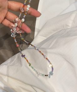 Handmade Korean 925 Silver Beaded Necklace and Bracelet Set with Natural Pearl and White Crystal for Summer Style