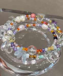 Handmade Korean 925 Silver Beaded Necklace and Bracelet Set with Natural Pearl and White Crystal for Summer Style