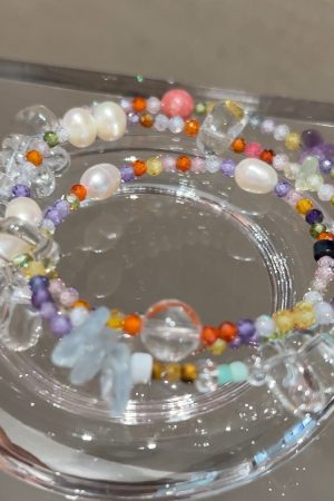 Handmade Korean 925 Silver Beaded Necklace and Bracelet Set with Natural Pearl and White Crystal for Summer Style
