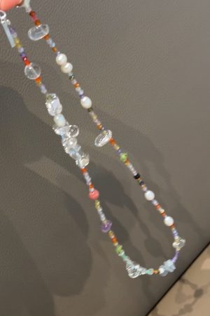 Handmade Korean 925 Silver Beaded Necklace and Bracelet Set with Natural Pearl and White Crystal for Summer Style