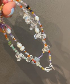 Handmade Korean 925 Silver Beaded Necklace and Bracelet Set with Natural Pearl and White Crystal for Summer Style