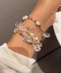 Handmade Korean 925 Silver Beaded Necklace and Bracelet Set with Natural Pearl and White Crystal for Summer Style
