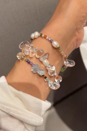 Handmade Korean 925 Silver Beaded Necklace and Bracelet Set with Natural Pearl and White Crystal for Summer Style