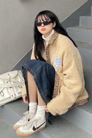 Handmade Lamb Fleece Leopard Print Spliced Loose Jacket for Winter â€“ Cute Unisex INS Trendy Style