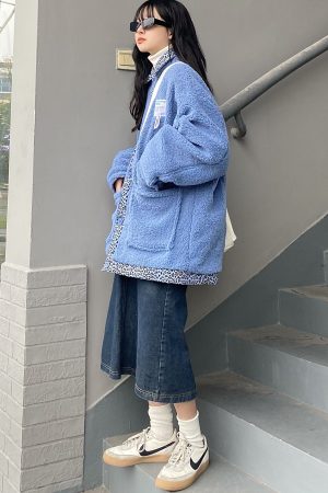 Handmade Lamb Fleece Leopard Print Spliced Loose Jacket for Winter â€“ Cute Unisex INS Trendy Style
