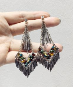 Handmade Metal Tassel Triangle Earrings with Diamond Crystal - Light Luxury Fashion Accessories for Elegant Style