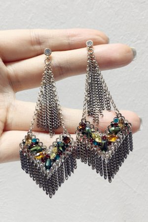 Handmade Metal Tassel Triangle Earrings with Diamond Crystal - Light Luxury Fashion Accessories for Elegant Style