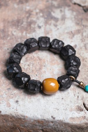 Handmade Meteorite Texture Black Sandalwood Bracelet for Men - Unique Textured Cultural Accessories, Perfect for Boho and Casual Styles