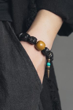 Handmade Meteorite Texture Black Sandalwood Bracelet for Men - Unique Textured Cultural Accessories, Perfect for Boho and Casual Styles