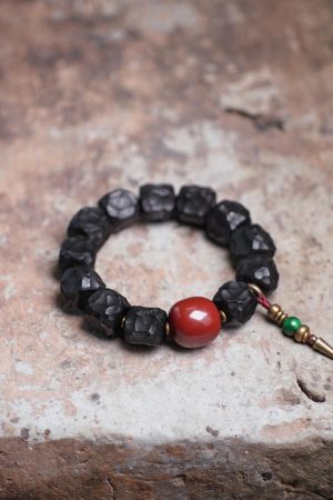 Handmade Meteorite Texture Black Sandalwood Bracelet for Men - Unique Textured Cultural Accessories, Perfect for Boho and Casual Styles