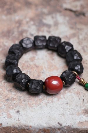 Handmade Meteorite Texture Black Sandalwood Bracelet for Men - Unique Textured Cultural Accessories, Perfect for Boho and Casual Styles