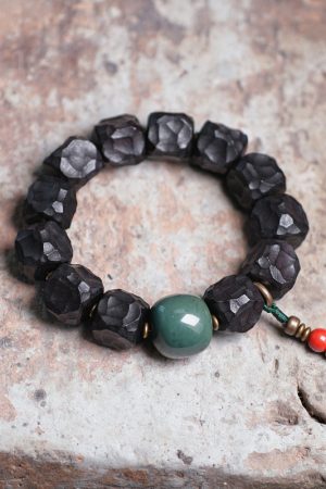 Handmade Meteorite Texture Black Sandalwood Bracelet for Men - Unique Textured Cultural Accessories, Perfect for Boho and Casual Styles