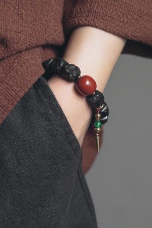 Handmade Meteorite Texture Black Sandalwood Bracelet for Men - Unique Textured Cultural Accessories, Perfect for Boho and Casual Styles