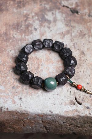 Handmade Meteorite Texture Black Sandalwood Bracelet for Men - Unique Textured Cultural Accessories, Perfect for Boho and Casual Styles