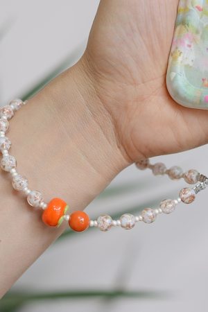 Handmade Mobile Phone Lanyard Wrist Strap - Durable Glass Persimmon with Fresh Anti-Drop Pendant - Trendy and Sturdy Accessory