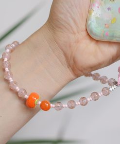 Handmade Mobile Phone Lanyard Wrist Strap - Durable Glass Persimmon with Fresh Anti-Drop Pendant - Trendy and Sturdy Accessory