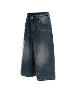 Handmade Pearl Sewn Denim Shorts - Loose Fit 3/4 Pants for Summer 2025, Trendy Casual Wear, Boho Style, Retro Fashion