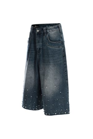 Handmade Pearl Sewn Denim Shorts - Loose Fit 3/4 Pants for Summer 2025, Trendy Casual Wear, Boho Style, Retro Fashion