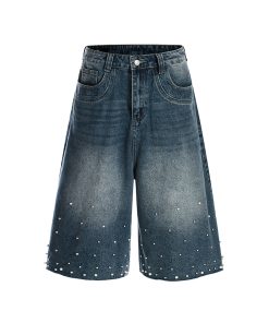 Handmade Pearl Sewn Denim Shorts - Loose Fit 3/4 Pants for Summer 2025, Trendy Casual Wear, Boho Style, Retro Fashion