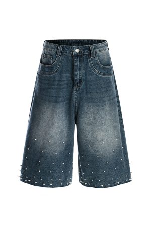 Handmade Pearl Sewn Denim Shorts - Loose Fit 3/4 Pants for Summer 2025, Trendy Casual Wear, Boho Style, Retro Fashion
