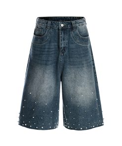 Handmade Pearl Sewn Denim Shorts - Loose Fit 3/4 Pants for Summer 2025, Trendy Casual Wear, Boho Style, Retro Fashion