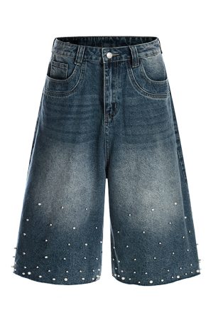Handmade Pearl Sewn Denim Shorts - Loose Fit 3/4 Pants for Summer 2025, Trendy Casual Wear, Boho Style, Retro Fashion