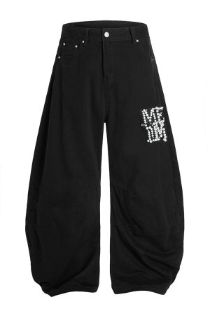 Handmade Pearl Wide-Leg Machete Pants for Men - Casual American Style Curved Blade Design, Trendy Y2K Fashion