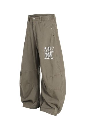 Handmade Pearl Wide-Leg Machete Pants for Men - Casual American Style Curved Blade Design, Trendy Y2K Fashion