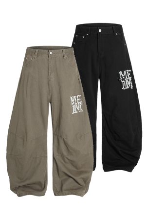 Handmade Pearl Wide-Leg Machete Pants for Men - Casual American Style Curved Blade Design, Trendy Y2K Fashion