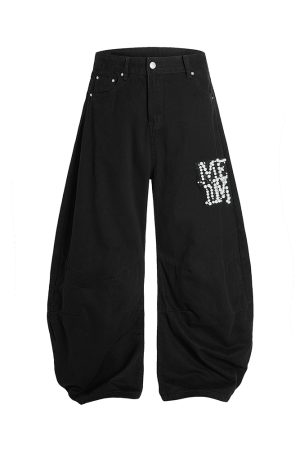 Handmade Pearl Wide-Leg Machete Pants for Men - Casual American Style Curved Blade Design, Trendy Y2K Fashion