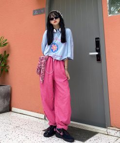 Handmade Pink Corduroy Wide-Leg Straight Pants for Men and Women - Versatile Autumn Trendy Loose Fit Japanese Style