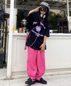 Handmade Pink Corduroy Wide-Leg Straight Pants for Men and Women - Versatile Autumn Trendy Loose Fit Japanese Style