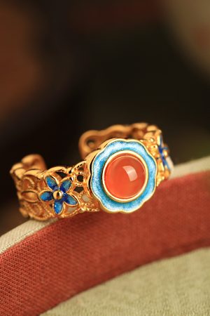 Handmade Pure Silver Open Ring with Gold Water å—çº¢ Agate, Retro Palace Style, Auspicious Design for Women