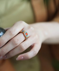 Handmade Pure Silver Open Ring with Gold Water å—红 Agate, Retro Palace Style, Auspicious Design for Women