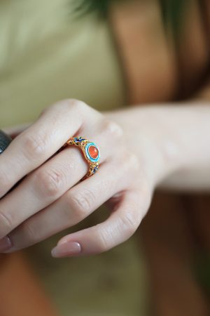 Handmade Pure Silver Open Ring with Gold Water å—çº¢ Agate, Retro Palace Style, Auspicious Design for Women