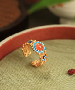 Handmade Pure Silver Open Ring with Gold Water å—红 Agate, Retro Palace Style, Auspicious Design for Women
