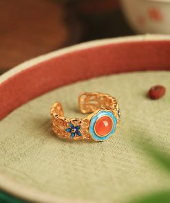 Handmade Pure Silver Open Ring with Gold Water å—红 Agate, Retro Palace Style, Auspicious Design for Women