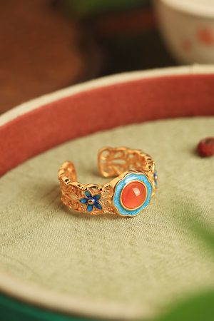 Handmade Pure Silver Open Ring with Gold Water å—çº¢ Agate, Retro Palace Style, Auspicious Design for Women